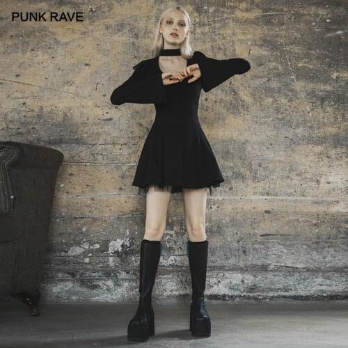 PUNK RAVE Womens Gothic Lashing Back Sexy V-neck Flounce Dress Back Drawstring Party Club Short Girl Dress Spring/Autumn