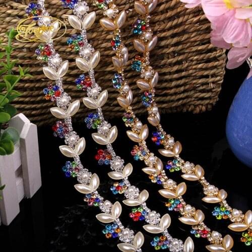 1YDHigh Quality Crystal Pearl Inlay Gold Silver Base Dccessories Wedding Banquet Decoration DIY Sewing Applique Adornment