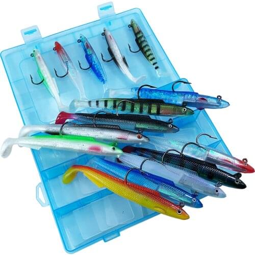 15pcs/lot Lead Eel Fish soft bait set Fishing lure kit Wobblers jig head Silicone baits lifelike Sea Bass Carp pike long tail