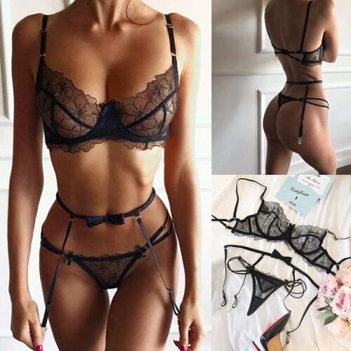 3PCS Bra G-String Garter Suit Womens Sexy Lingerie Lace Top Bra Set Lady Thong Underwear Set Female Fashion Top Erotic Lingerie