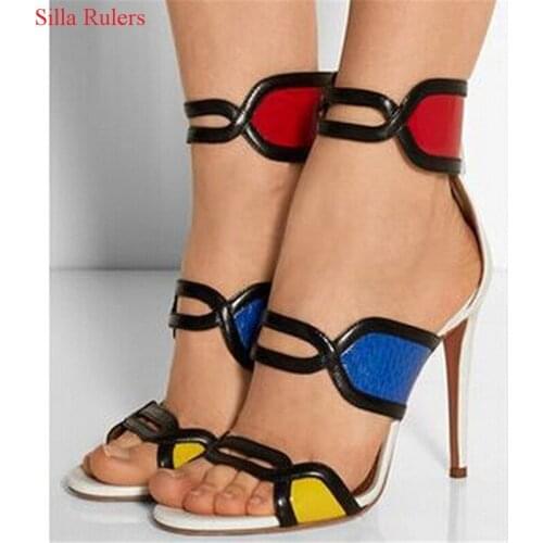 Red Blue Yellow Patchwork High Heels Women Sandals Mixed Color Cut Out Gladiator Sandals Women Boots Shoes Woman Sandalias Mujer