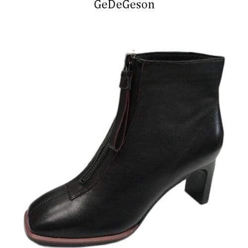 Brand Shoes Women High Heel Boots Genuine Cowhide Black and White Fashion Front Zipper Famous Stars recommend Hot Items