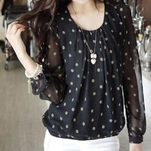 Polka Dot Print 2021 Spring Women Fashion O-Neck Loose Chiffon Blouse Shirts Plus Size Casual Summer Long Sleeve Shirt Tops