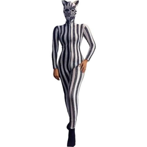 Halloween Black White Splicing Shiny Rhinestones Cat Jumpsuit Long Sleeve Celebrate Party Prom Outfit Female Singer Stage Set