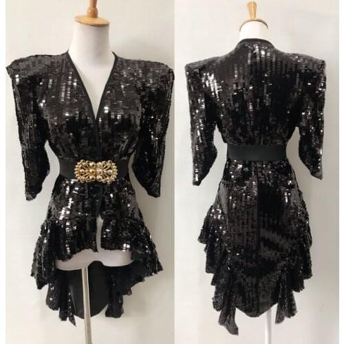Club Women Singer Stage Dress Black Sequin Swallowtail Costume DJ Gogo Performance Suit Dress With Belt Evening Dresses VDB2435