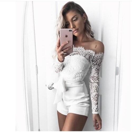 Sexy Slash neck Eyelash Mesh Lace Women Tight Bodysuit Patchwork Embroidered Floral Bodycon Romper Lace Up Slim Casual Jumpsuit