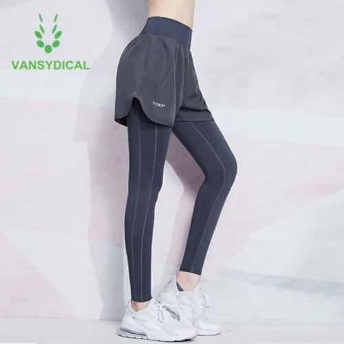 Vansydical 2021 Women Yoga Pants Fake Two Piece High Waist Gym Running Tights Outdoor Fitness Workout Jogging Sports Leggings