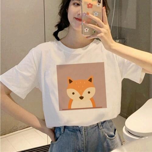 Summer Women O-neck T shirt Fashion Fox Graphic Print White Short Sleeve Tee Shirt Female Plus Size Casual Clothing Streetwears