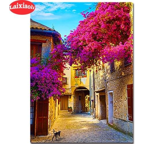 Diy Diamond Painting Street Landscape diamond mosaic purple flower full square drill diamond embroidery cross stitch home decor