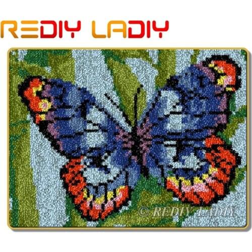 Latch Hook Rug Kits Crocheting Carpet Rug Blue Butterfly Acrylic Yarn Printed Canvas Cushion Mat Crochet Tapestry Arts & Crafts