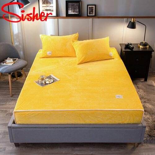 Winter Plush Mattress Covers Coral Flannel Velvet Fitted Bed Sheet Linens Modern Simple Solid Protector Elastic (No Pillowcase)