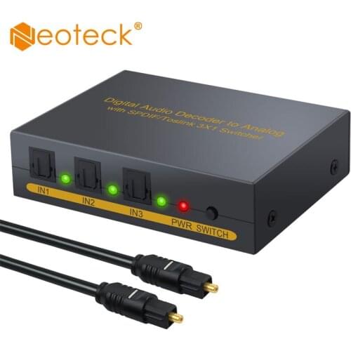 Neoteck 3 Port Optical SPDIF Toslink to L/R RCA 3.5mm Stereo Audio with Optical Switcher Digital to Analog Audio Decoder Switch