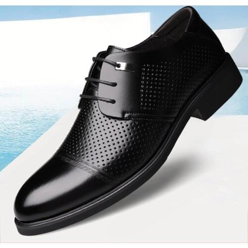 Brand New Summer Breathable Men Leather Casual Shoes Perforated Breathable FLats Fashion Lace-up Walking Shoe