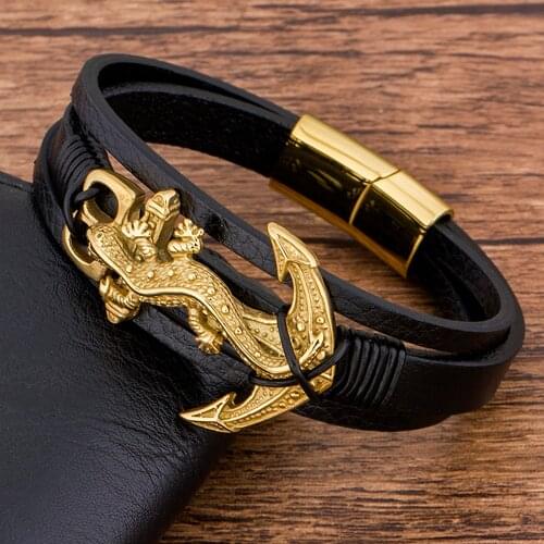 Charms Fashion Rope Braided Genuine Leather Gold Anchor Men Bracelet Animal Black Manetic Clasp Whosale Accessories Bangles