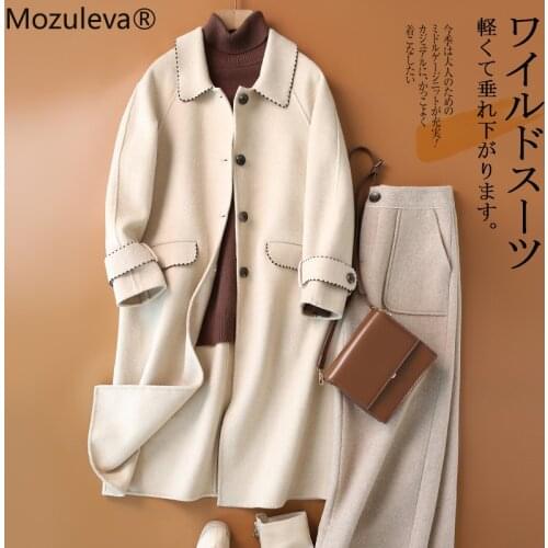 Mozuleva High Quality Double Sided Wool Coat Women Autumn Winter Japanese Style Loose Long Woolen Coat Hand-Stitched Outwear