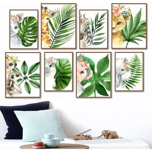 Elephant Zebra Giraffe Lion Hippo Leopard Leaf Nordic Posters And Prints Wall Art Canvas Painting Wall Pictures Baby Room Decor
