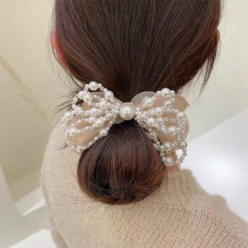 Vintage Large Bow Yarn Scrunchies Elastic Hair Bands for Women Elegant Pearl Butterfly Head Rope Female Girls Hair Accessories