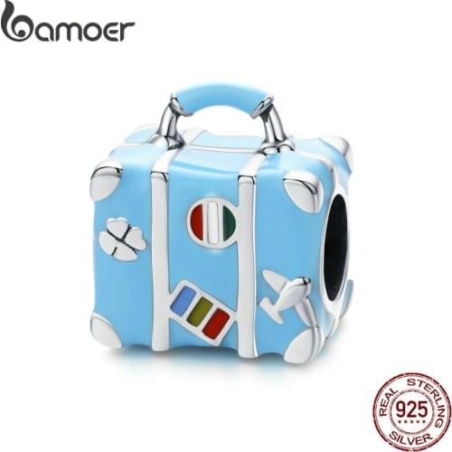 Bamoer 925 Sterling Silver Blue Enamel Suitcase Metal Bead fit Women Jewelry Making Original Silver Bracelet DIY Jewelry SCC1377