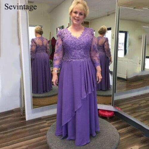 Sevintage Purple 3/4 Sleeves Chiffon Mother of the Bride Dress Plus Size V-Neck Lace Wedding Party Gowns vestido de madrinha