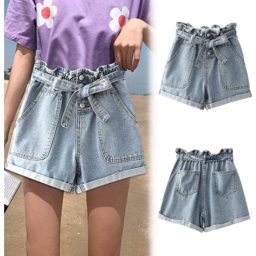 Womens Sexy Shorts Lace-up Elastic Buckle Denim Hot Pants Solid Color Short Trousers Casual Breathable For Female Summer