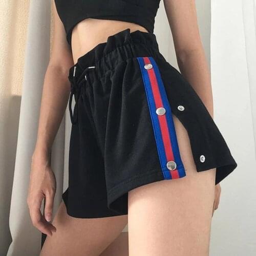 Side Striped Split Button Shorts Ladies Summer Elastic Lace-Up High Waist Patchwork Casual Wild Loose Fitting Super Hot Shorts