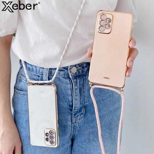 Luxury Crossbody Lanyard Hang Strap Plating Phone Case For Samsung Galaxy S21 A52 A72 5G A32 A22 A82 5G Square Shockproof Cover