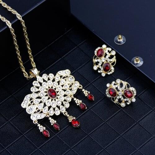 SUNSPICEMS Arabic Gold Color Rhinestone Jewelry Round Pendant Sahara Necklace Earring Morocco Kaftan Jewelry Sets Wedding Gift