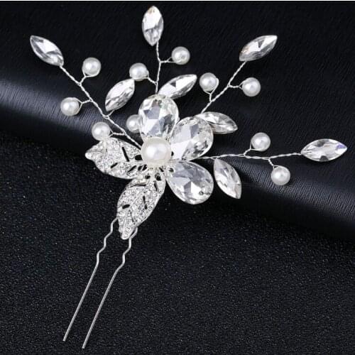 Bridal Wedding crystal Leaf handmade Hair Pin pearl beaded Flower hairpin U pin Bridesmaid Bride Hair Accessories