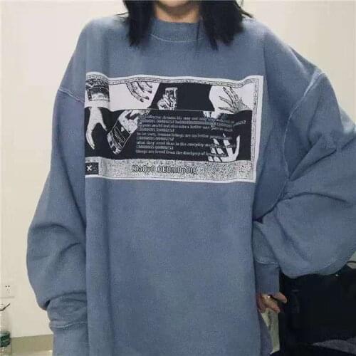 Retro Blue Graphic Print Loose Harajuku Hoodie Long Sleeve Thin Sweatshirt Women New O Neck Casual Shirt Pullovers Autumn 2021