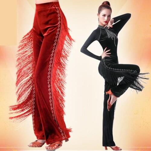 Women Latin Dance Tops Gold Velvet Fringed Practice High Waist Sexy Latin Pants Ballroom Samba Tango Mid/long T-shirt Costume