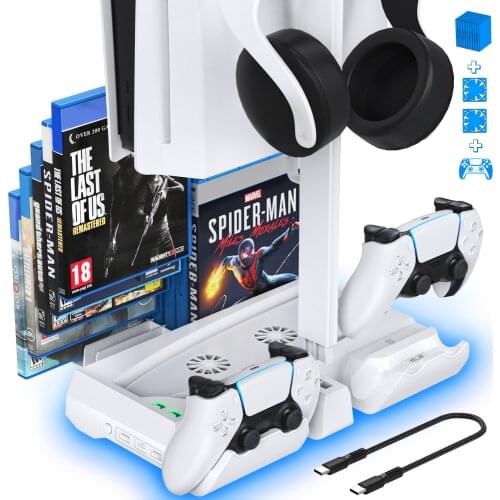 For PS5 Dual Controller Charger Console Vertical Cooling Stand with 12 Game Slot For Sony Playstation5 Disc/Digital Console