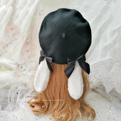 Japanese Soft sister Kawaii Beret Hat Lolita Girls Sweet Cute Wild Plush Rabbit Ears Bowknot Hat Handmade Headdress Cosplay