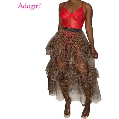 Adogirl Fashion Leopard Print Cascading Ruffle Maxi Skirt Sheer Mesh Long Petticoat Night Club Party Clothing Casual Skirts