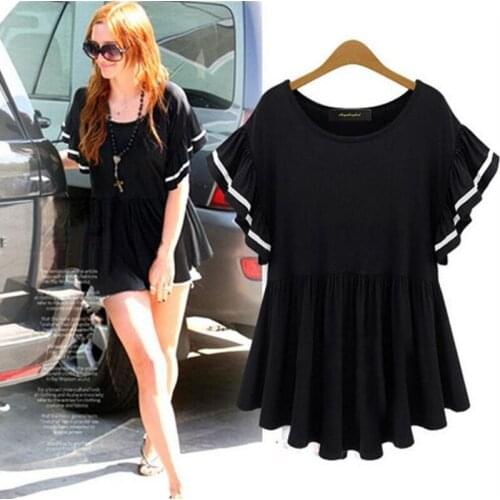 Plus size women clothing,2020 Summer knitted cotton shirt tops,ruffles batwing sleeve shirts,black gray white XS-5XL 6XL