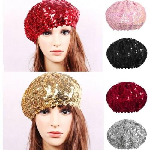 Women Sequins Hat Shiny Costume Jazz Glitter Dance Beret Round Cap Ladies Fashion Accessories Beanie Lady Costume Stretch Party