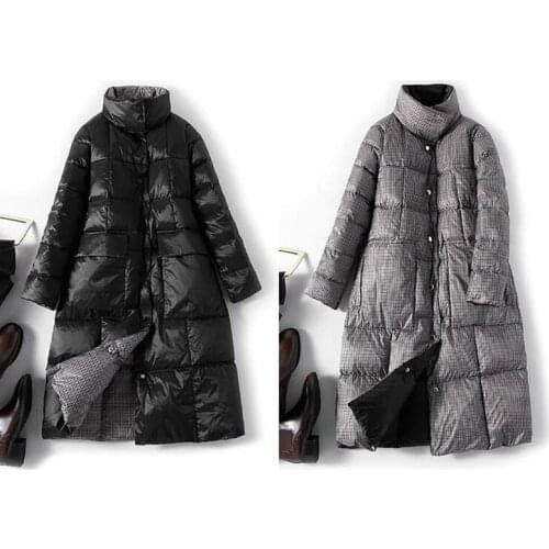 White duck down Jacket Women Winter Long Thick Double Sided Plaid Coat Plus Size Warm Snow Down Parka high quality