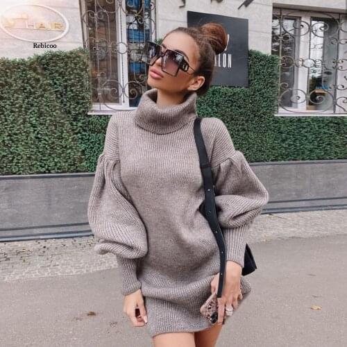 Women Solid Turtleneck Knitted Sweater Dress Autumn Winter Warm Sweaters Lantern Sleeve Knitwear Dresses Loose