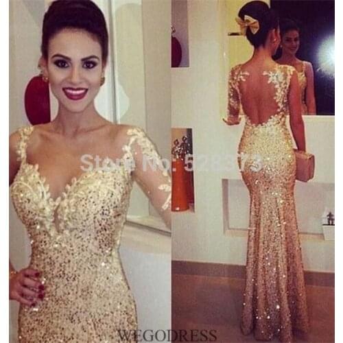 YNQNFS IED31 Sexy Sheer Back Bling Sequins One Shoulder Long Sleeves Evening Prom Dresses Wedding Party Gold