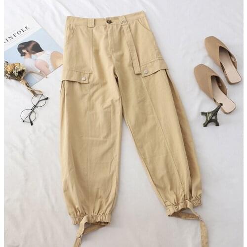 2021 Loose-Fitted Harem Pants Pocket Trend Nine-Point Casual Pants Autumn New Style High-Waist Tie Overalls