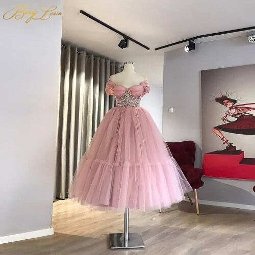 Berylove Pink Prom Dress off Shoulder Evening Party Dress Beaded Top Gown robe de soiree Sweetheart Formal Gown Tiered vestidos