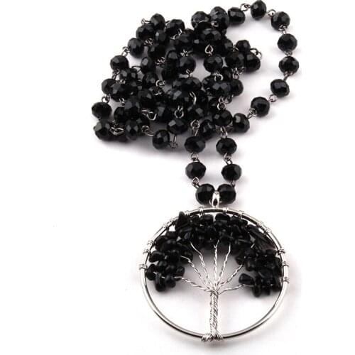 Free Shipping Bohemian Jewelry Black Glass Rosary Chain Life Tree Necklace For Women Ethnic Necklace