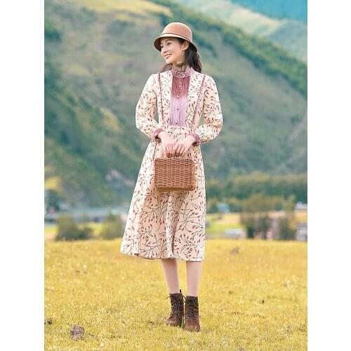 Free Shiping 2020 New Fashion Women Long Mid-calf Long Sleeve Dresses Spring And Autumn Boshow Bohemian Dress S-L Flower Print