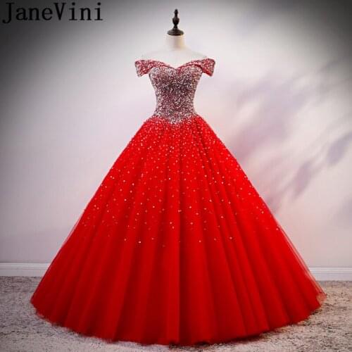 JaneVini Shining Crystal Red Quinceanera Dresses Ball Gown Formal Prom Off Shoulder Tulle Beaded Sequins Sweet 16 Party Dress