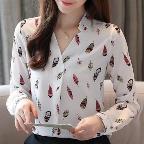 Blouses Woman 2021 Long Sleeve Women Shirts V-neck Women Tops White Print Chiffon Blouse Womens Tops And Blouses Blusas C137