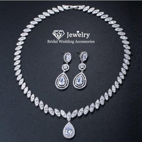 CC Bridal Jewelry Sets for Women Necklace Drop Earring Wedding Accessories Engagement Exquisite Bijoux High Quality Choker T0048