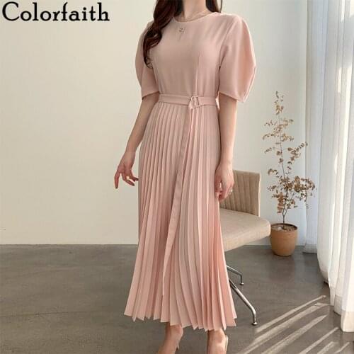 Colorfaith New 2020 Summer Women Dresses Vintage Puff Sleeve Fashionable Lace Up Elegant Pleated Female Pink Long Dress DR1123A