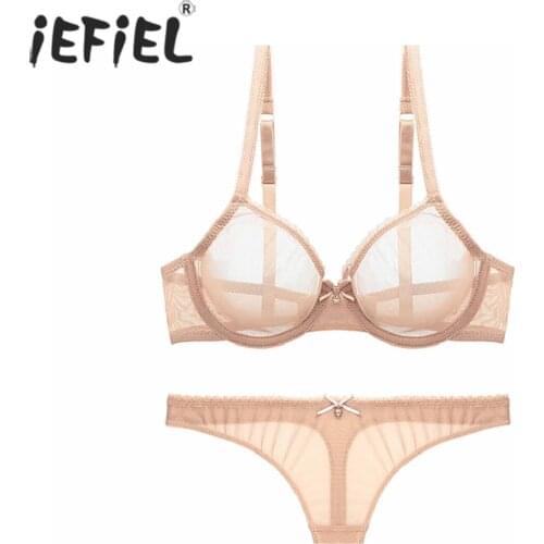 Women See-through Mesh Lingerie Set Adjustable Straps Bra Top with Briefs Thong Nightwear Exotic Set for Party Stage Performance