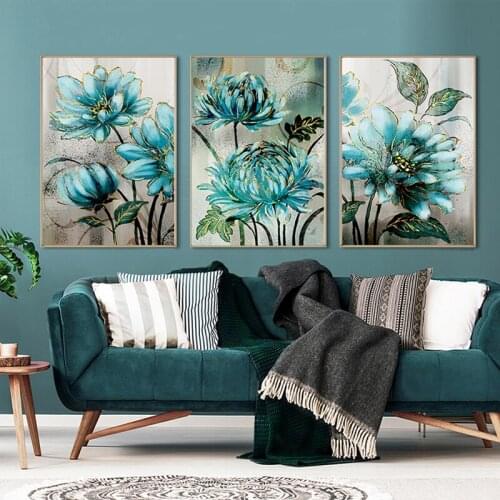 Blue Flowers Golden Lace Noble Decorative Diy 5D Diamond Painting Plants Mosaic full Round Diamond Embroidery Home DecorZP-3707