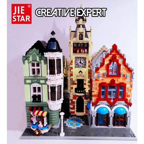 JIESTAR 89103 Creatoring Expert Street View Clock Tower Square Moc Bricks Modular House Model Building Blocks Police Station