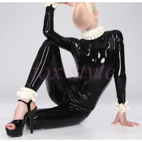 Hot sell 100% nature lovely latex jumpsuit black latex rubber catsuit with lacework for woman